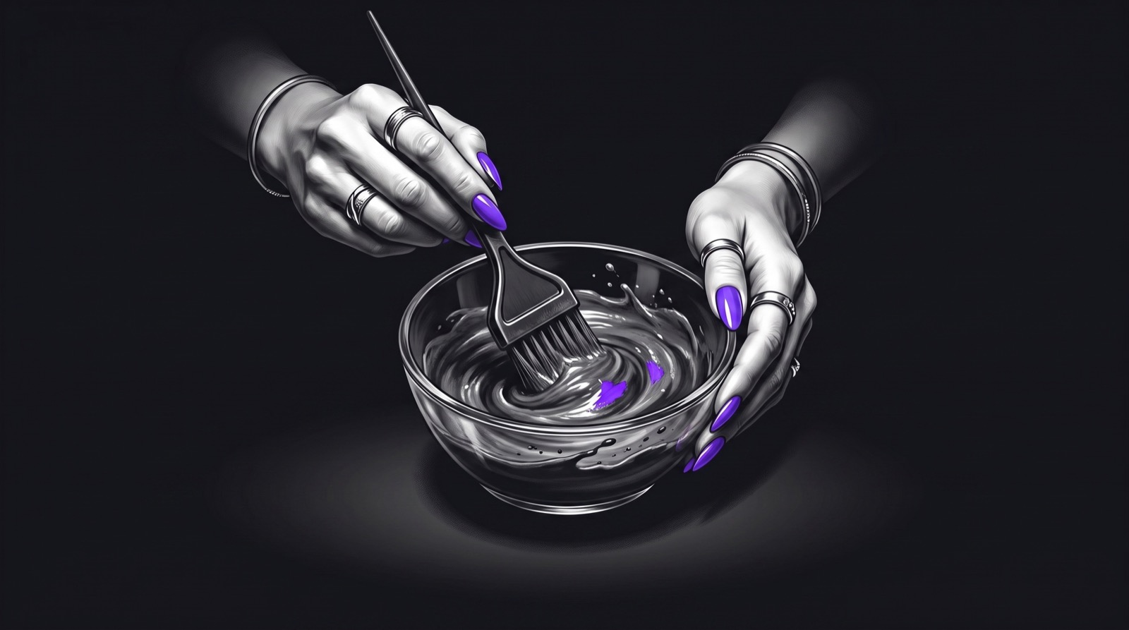 Hands mixing hair color in a glass bowl